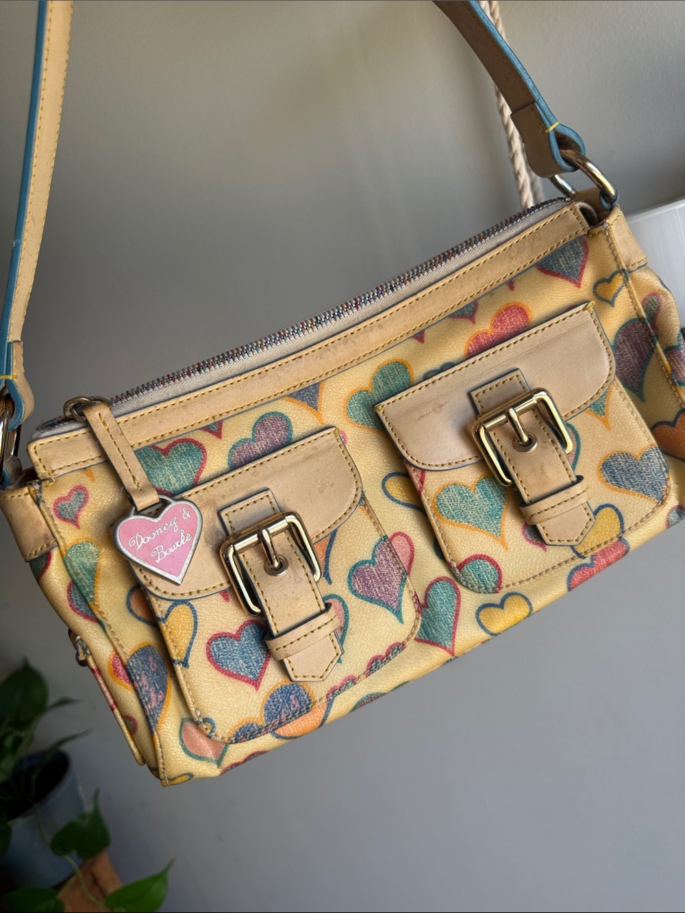 Dooney &Bourke Yellow Heart-Print Shoulder Bag with double pockets